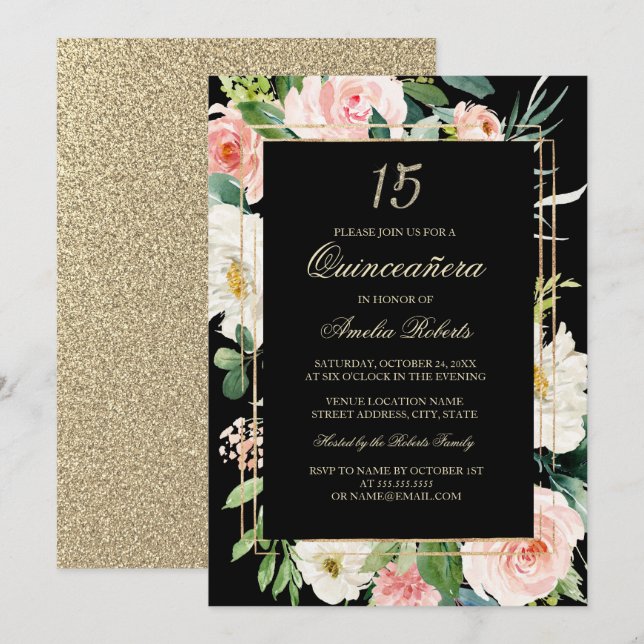 Invitación Purpurina de oro Rubor Floral negra Quinceanera (Anverso / Reverso)