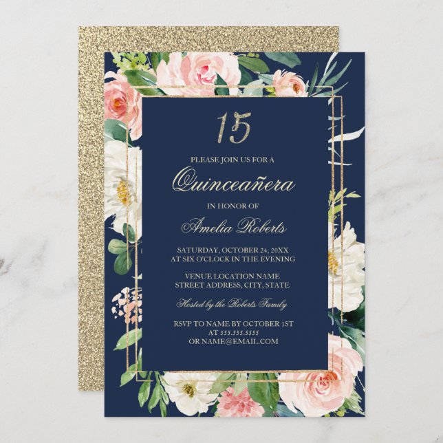 Invitación Purpurina de oro Rubor Floral Quinceanera (Anverso / Reverso)