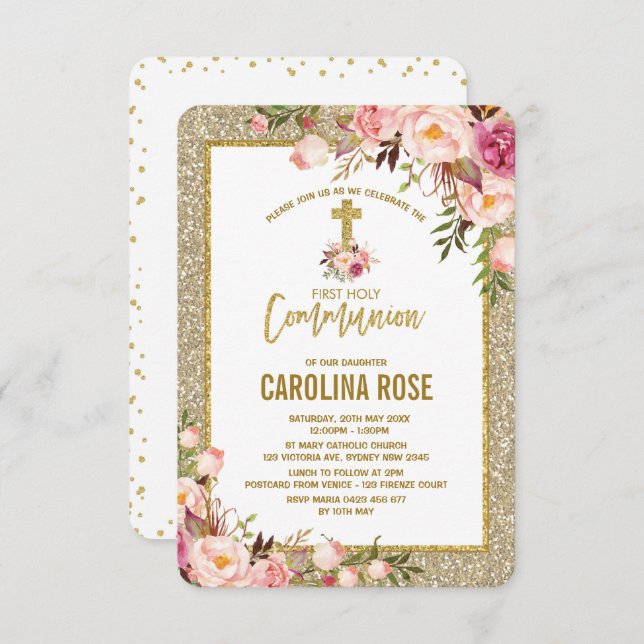 Invitación Purpurina de oro Rubor Floral Santa Comunión Niña (Anverso / Reverso)