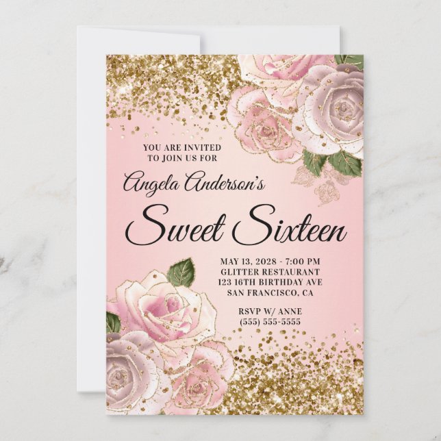 Invitación Purpurina de oro Rubor Glam Floral Rosa Sweet 16 (Anverso)