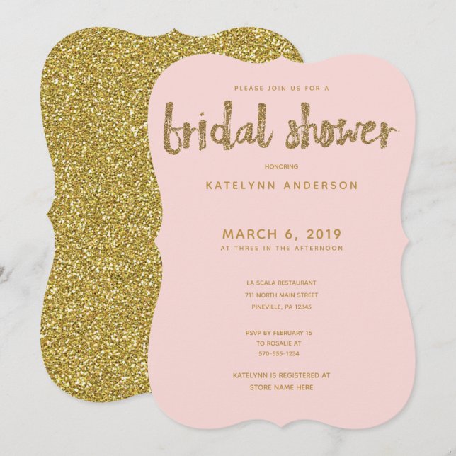 Invitación Purpurina de oro Rubor Pink Bridal Shower (Anverso / Reverso)
