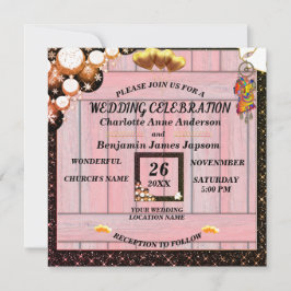 Invitación Purpurina de oro ruso Boda de madera rosa