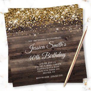 Invitación Purpurina de oro Rustic Bistre Brown Wood Cumpleañ