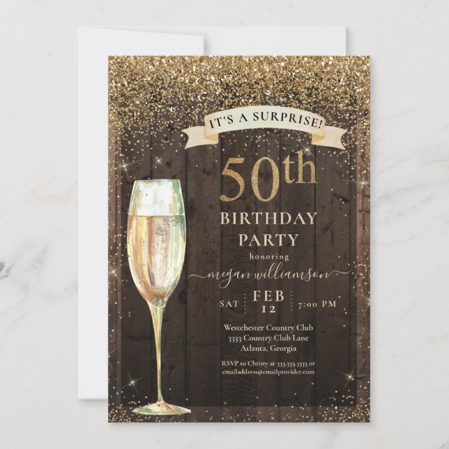 Invitación Purpurina de oro Rustic Wood Sorpresa 50 cumpleaño (Anverso)
