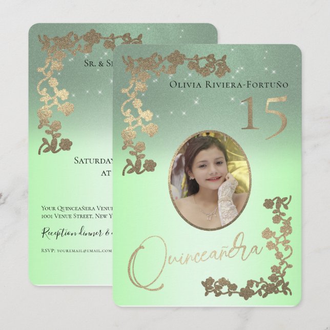 Invitación Purpurina de oro Sage Green Quince (Anverso / Reverso)