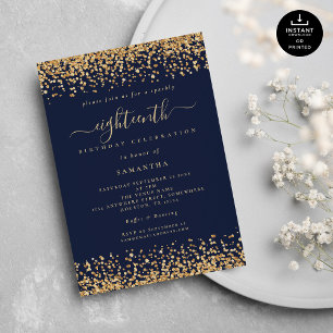 Invitación Purpurina de oro Script Marina Blue Glam 18th Fies