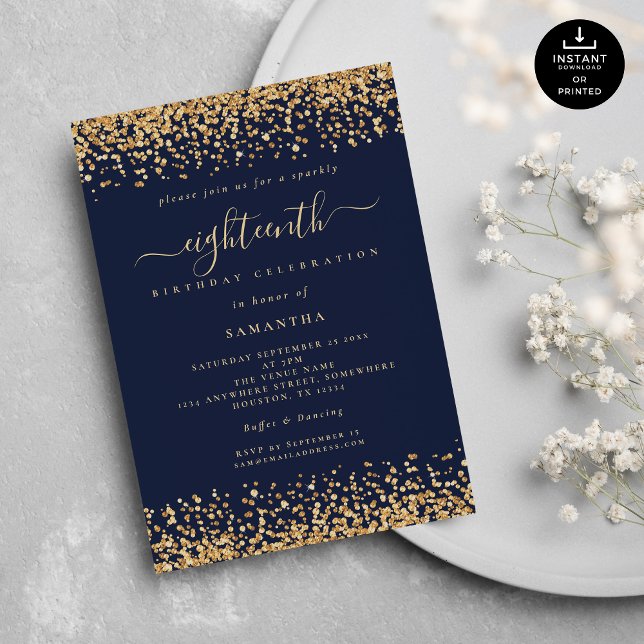 Invitación Purpurina de oro Script Marina Blue Glam 18th Fies (Subido por el creador)