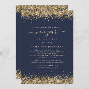 Invitación Purpurina de oro Script Navy azul Año Nuevo Fiesta