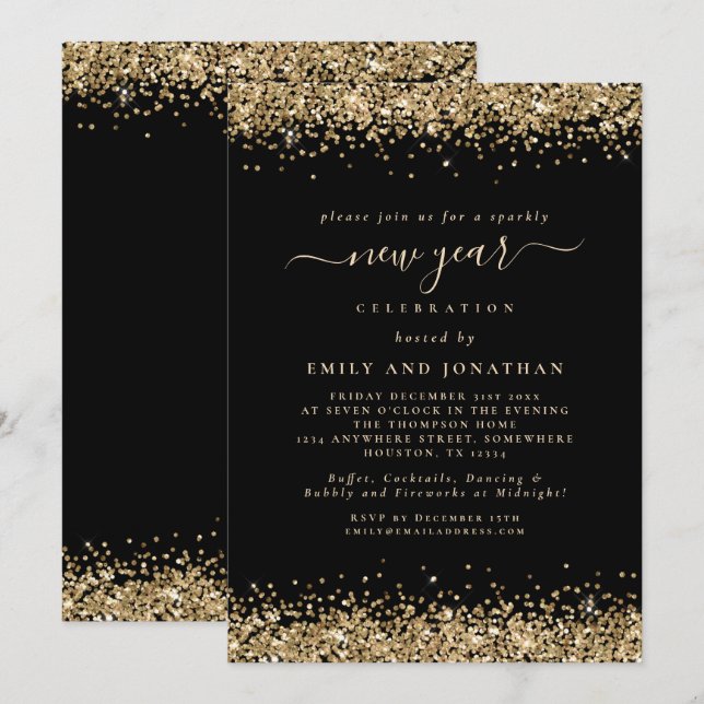 Invitación Purpurina de oro Script negro Año nuevo Fiesta (Anverso / Reverso)