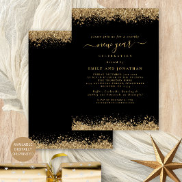 Invitación Purpurina de oro Script negro Año nuevo Fiesta