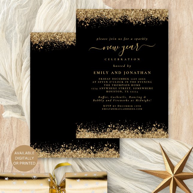 Invitación Purpurina de oro Script negro Año nuevo Fiesta (Front and back view. Available digitally or printed)