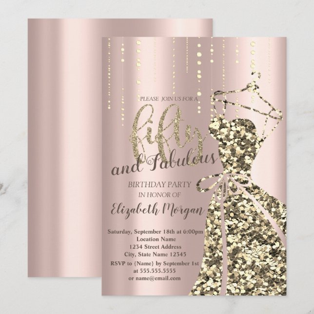 Invitación Purpurina de oro secuela vestido 50º fiesta de cum (Anverso / Reverso)