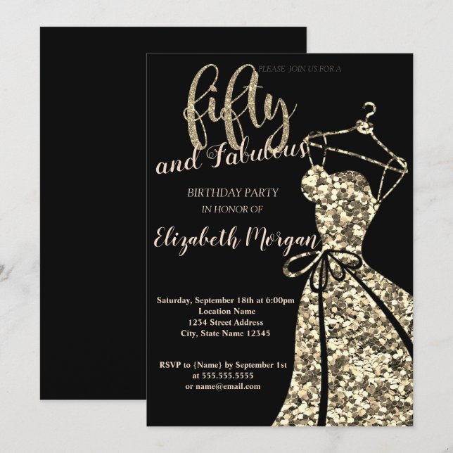 Invitación Purpurina de oro secuelasVestido, fiesta de cumple (Anverso / Reverso)