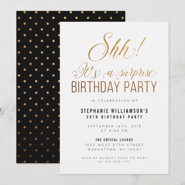 Invitación ¡Purpurina de oro Shh! Es una fiesta de cumpleaños (Anverso / Reverso)