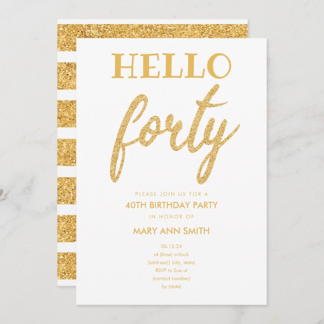 Invitación Purpurina de oro simple "Hello Forty" Birday Party (Anverso / Reverso)