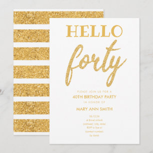 Invitación Purpurina de oro simple "Hello Forty" Birday Party