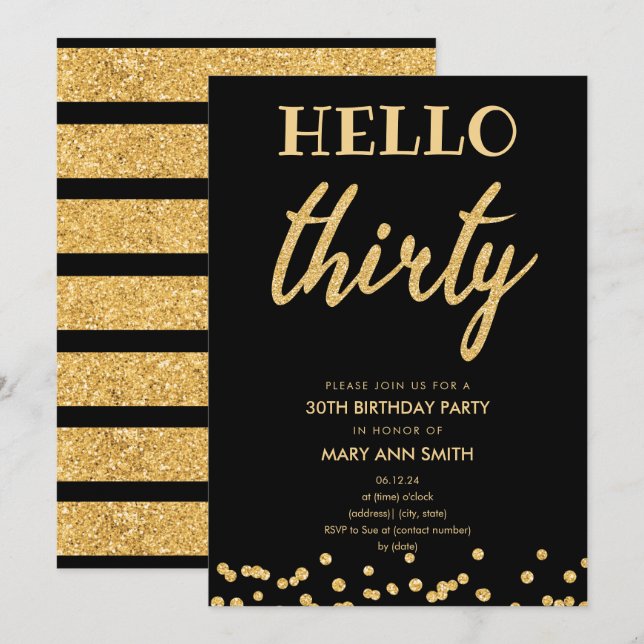 Invitación Purpurina de oro simple "Hello Thirty" Fiesta de c (Anverso / Reverso)