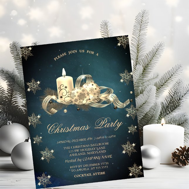 Invitación Purpurina de oro Snowflakes Candle Balls Navidades (Subido por el creador)