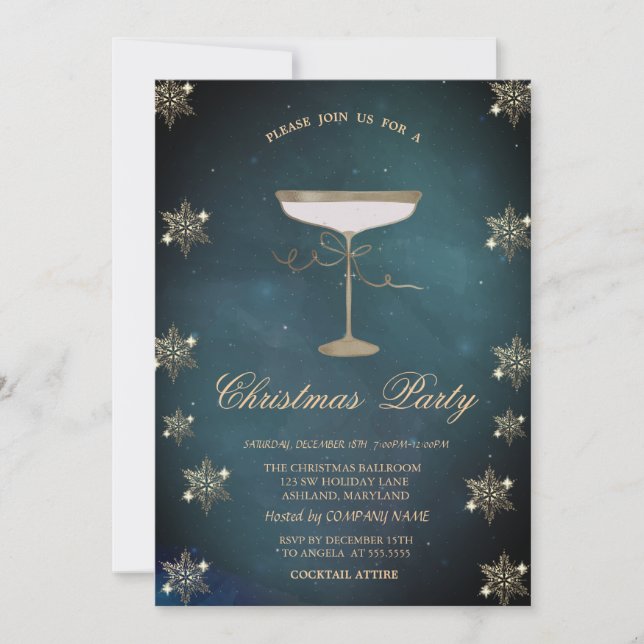 Invitación Purpurina de oro Snowflakes Champagne Navidades de (Anverso)
