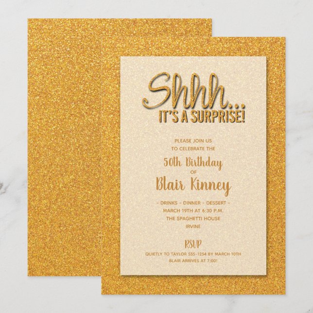 Invitación Purpurina de oro SORPRISE Cumpleaños (Anverso / Reverso)