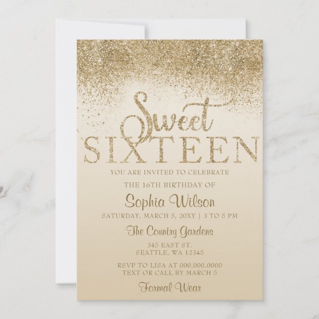 Invitación Purpurina de oro Sparkle Sweet 16 Cumpleaños (Anverso)