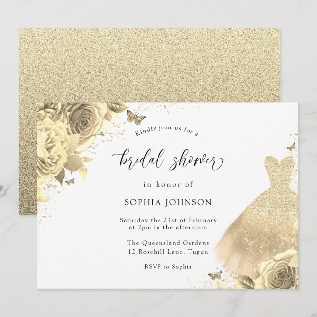 Invitación Purpurina de oro Sparkle Vestido Floral Bridal Sho (Anverso / Reverso)