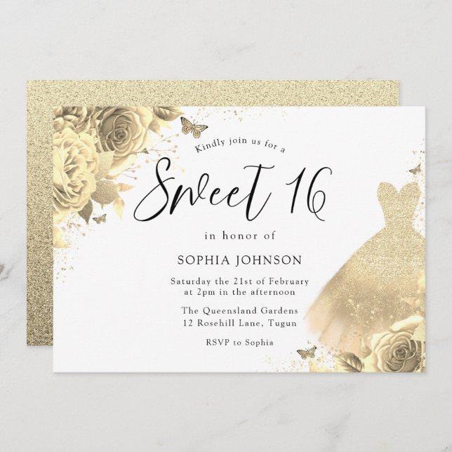 Invitación Purpurina de oro Sparkle Vestido Floral Dulce 16 F (Anverso / Reverso)