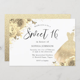 Invitación Purpurina de oro Sparkle Vestido Floral Dulce 16 F