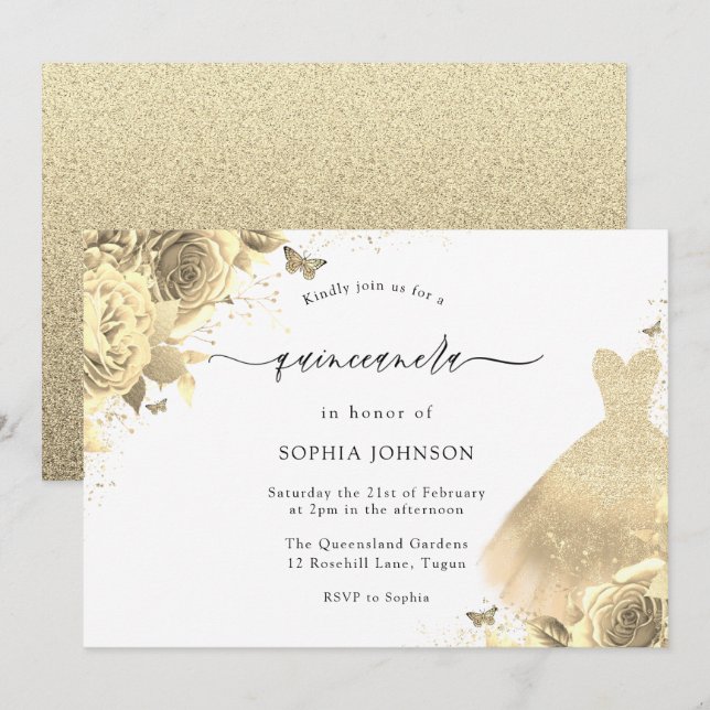 Invitación Purpurina de oro Sparkle Vestido Floral Quinceaner (Anverso / Reverso)
