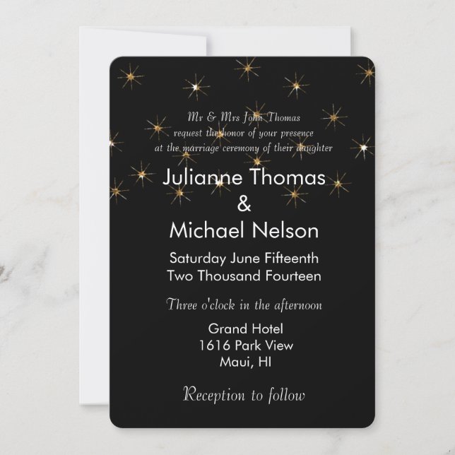 Invitación Purpurina de oro Sparkling Stars Boda (Anverso)
