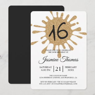 Invitación Purpurina de oro Splash Sweet 16 16th Birthday Par