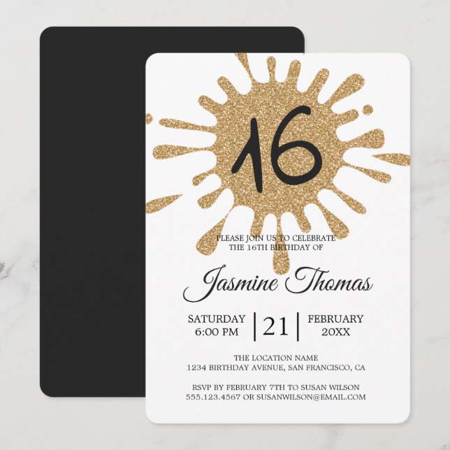 Invitación Purpurina de oro Splash Sweet 16 16th Birthday Par (Anverso / Reverso)