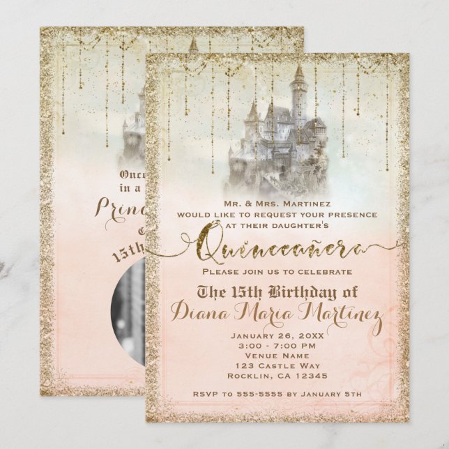 Invitación Purpurina de Oro Storybook Castle 15 Quinceañera P (Anverso / Reverso)