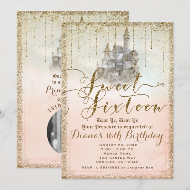 Invitación Purpurina de Oro Storybook Castle Sweet 16 Photo F (Anverso / Reverso)
