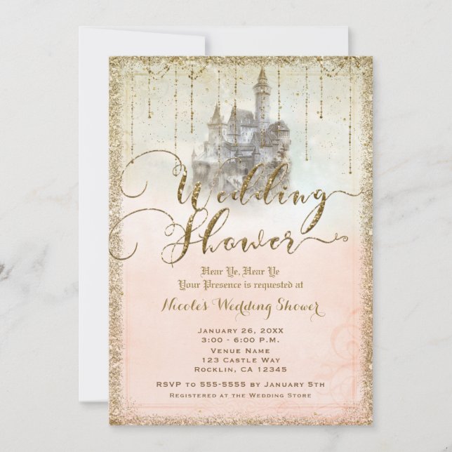 Invitación Purpurina de oro Storybook Castle Wedower (Anverso)