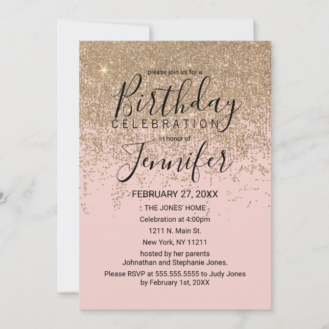 Invitación Purpurina de oro suspende la fiesta de cumpleaños  (Anverso)