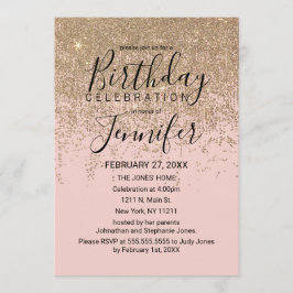Invitación Purpurina de oro suspende la fiesta de cumpleaños
