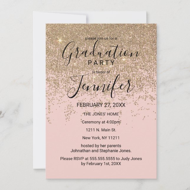 Invitación Purpurina de oro suspende la fiesta de graduación  (Anverso)
