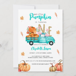 Invitación Purpurina de oro Tema del Camión Azul de Calabaza 