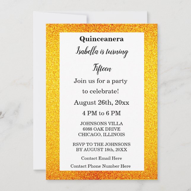 Invitación Purpurina de oro Texto negro Quinceanera 15º cumpl (Anverso)