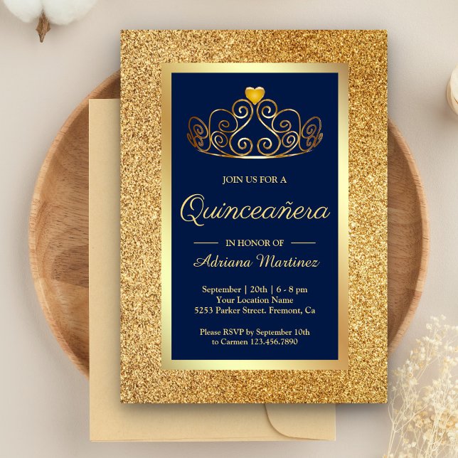 Invitación Purpurina de oro Tiara Princesa Azul Quinceanera (Subido por el creador)