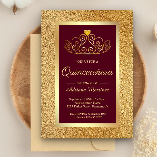 Invitación Purpurina de oro Tiara Princesa Borgoña Quinceaner (Subido por el creador)