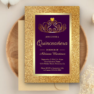 Invitación Purpurina de oro Tiara Princesa Purple Quinceanera