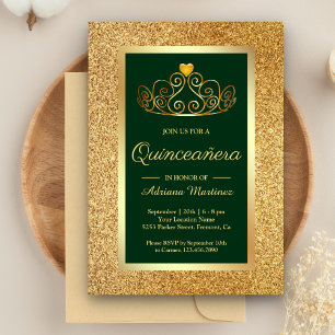 Invitación Purpurina de oro Tiara Princesa Verde Quinceanera