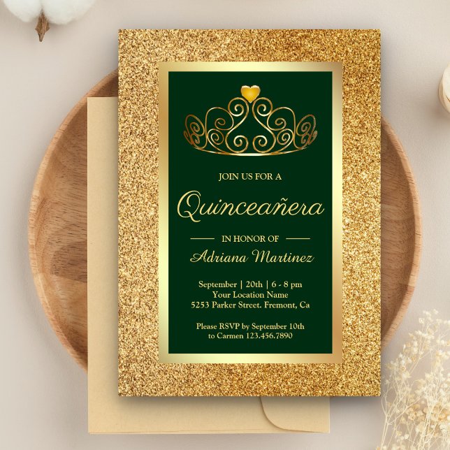 Invitación Purpurina de oro Tiara Princesa Verde Quinceanera (Subido por el creador)