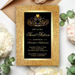 Invitación Purpurina de oro Tiara Princess Black Sweet 16<br><div class="desc">Invite a sus huéspedes con esta elegante y dulce invitación de dieciséis,  que incluye una hermosa tiara sobre un falso fondo purpurina de oro. Simplemente agregue los detalles de su evento en esta plantilla fácil de usar para convertirla en una invitación única.</div>
