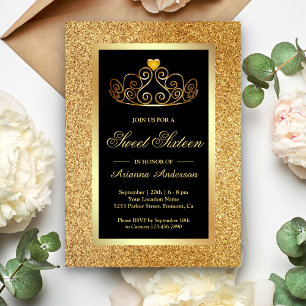 Invitación Purpurina de oro Tiara Princess Black Sweet 16