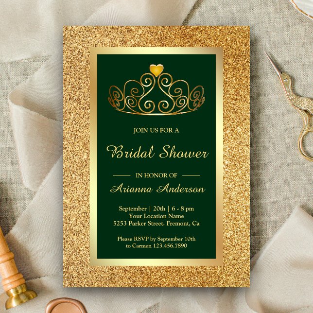 Invitación Purpurina de oro Tiara Princess Green Bridal Showe (Subido por el creador)