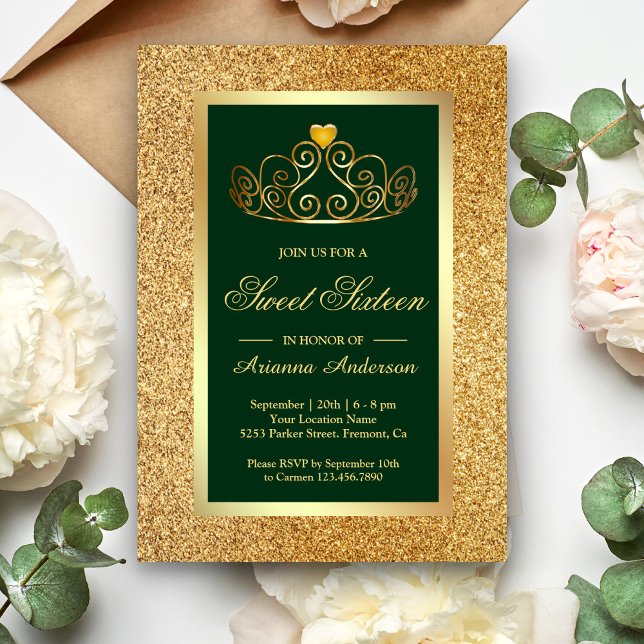 Invitación Purpurina de oro Tiara Princess Green Sweet 16 (Subido por el creador)