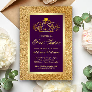 Invitación Purpurina de oro Tiara Princess Purple Sweet 16